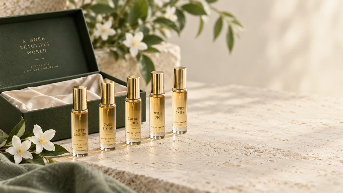 Frascos de decant de 10 ml alinhados ao lado de uma caixa verde, com flores de jasmim