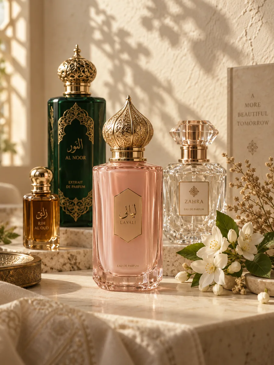 Composição de frascos de perfume com flores brancas, em luz natural quente
